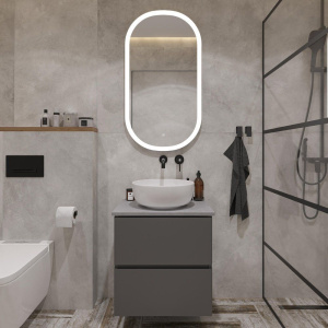 Купить Тумба с раковиной STWORKI Колдинг 60, антрацит, с раковиной Moduo 40 RING, столешница серая матовая в Москве с доставкой Тумба с раковиной STWORKI Колдинг 60, антрацит, с раковиной Moduo 40 RING, столешница серая матовая