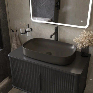 Тумба с раковиной STWORKI Молде, 95 антрацит, со столешницей, раковина STWORKI Молде черная матовая