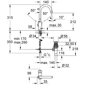Смеситель для раковины GROHE BauClassic DN 15 23095000 со сливным гарнитуром, хром