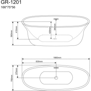 Акриловая ванна Grossman GR-1201 165x75 см, отдельностоящая, овальная, с каркасом, со сливом-переливом