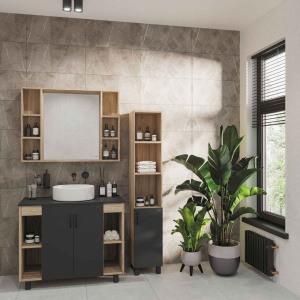 Купить Тумба с раковиной Grossman Флай 100 со столешницей, дуб сонома, серая в Москве с доставкой Тумба с раковиной Grossman Флай 100 со столешницей, дуб сонома, серая