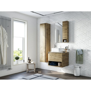 Тумба с раковиной STWORKI Карлстад 60 дуб рустикальный, простоун беж, с отверстием под смеситель в столешнице