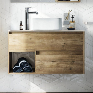 Купить Мебель для ванной STWORKI Карлстад 90, дуб рустикальный, простоун беж, с отверстием для смесителя в столешнице в Москве с доставкой Мебель для ванной STWORKI Карлстад 90, дуб рустикальный, простоун беж, с отверстием для смесителя в столешнице