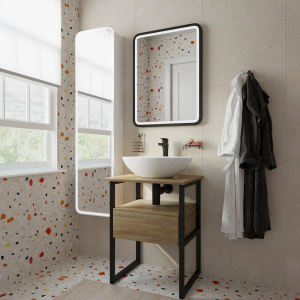 Тумба с раковиной DIWO Элиста 60 светлое дерево с раковиной Moduo 55 Leaf, чёрный муар