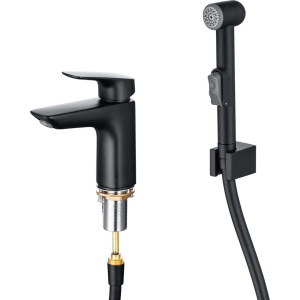 Смеситель для раковины Акватек Вега AQ1012MB с гигиеническим душем, матовый черный