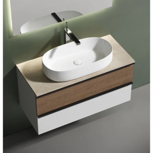 Купить Тумба с раковиной Sancos Delta 100 см, дуб светлый, белый, столешница бежевая, раковина CN5022 в Москве с доставкой Тумба с раковиной Sancos Delta 100 см, дуб светлый, белый, столешница бежевая, раковина CN5022