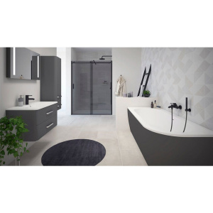 Акриловая ванна Cezares Slim SLIM CORNER-180-80-60-L-NERO-SET 180x80 см, с каркасом, со сливом-переливом, черная, матовая, асимметричная