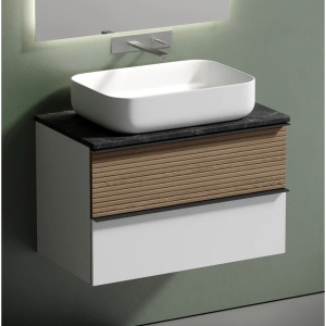 Купить Тумба с раковиной Sancos Delta 80 см, дуб светлый, белый, столешница черный мрамор, раковина СN5004 в Москве с доставкой Тумба с раковиной Sancos Delta 80 см, дуб светлый, белый, столешница черный мрамор, раковина СN5004