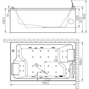 Акриловая ванна Orans BT-62115BR 170x100 см, с гидромассажем, с каркасом, с экранами, со сливом-переливом, со смесителем, с подголовником, для двоих