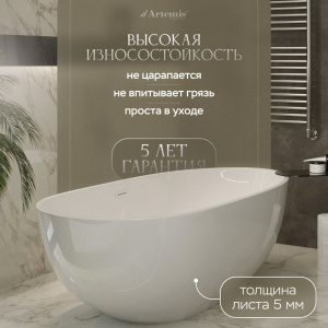 Акриловая ванна Artemis Leonia 170x85 см, отдельностоящая, овальная, с ножками, со сливом-переливом, белый глянец