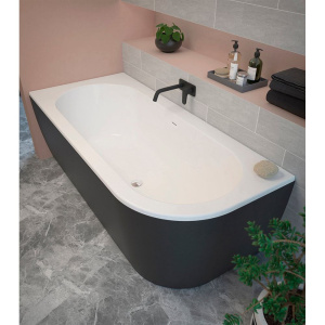 Акриловая ванна Cezares Slim SLIM CORNER-180-80-60-L-NERO-SET 180x80 см, с каркасом, со сливом-переливом, черная, матовая, асимметричная