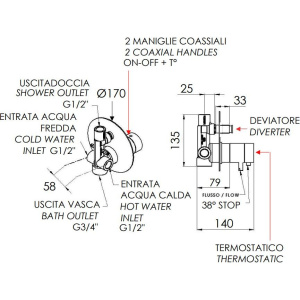 Термостатический смеситель Remer Elegance NT09 С ВНУТРЕННЕЙ ЧАСТЬЮ, для ванны с душем