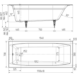 Чугунная ванна Универсал Эталон 170x70 см, с ножками