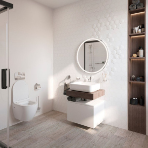 Столешница STWORKI Ольборг 60 дуб карпентер, без отверстий, с тумбой 60, с раковиной STWORKI Soul 1 белой