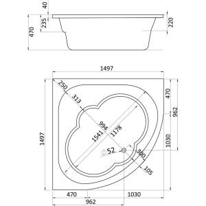 Акриловая ванна Santek Канны 150x150 см, угловая, с каркасом, со сливом-переливом, для двоих, четверть круга