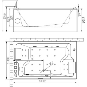 Акриловая ванна Orans BT-62115BL 170x100 см, с гидромассажем, с каркасом, с экранами, со сливом-переливом, со смесителем, с подголовником, для двоих