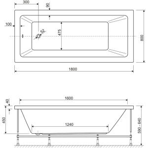 Акриловая ванна Cezares Plane Solo 180x80 см, с каркасом