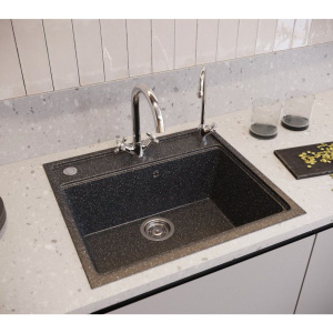 Мойка кухонная Domaci Бьелла DMC-06 черная, встраиваемая, накладная, искусственный мрамор, прямоугольная, российская
