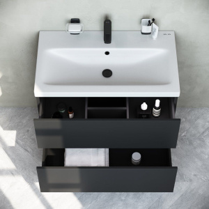 Купить Тумба с раковиной AM.PM Gem 75 черная матовая, подвесная, с 2 ящиками, с белой раковиной в Москве с доставкой Тумба с раковиной AM.PM Gem 75 черная матовая, подвесная, с 2 ящиками, с белой раковиной