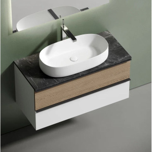 Тумба с раковиной Sancos Delta 100 см, дуб светлый, белый, столешница черный мрамор, раковина CN5022