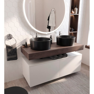 Мебель для ванной STWORKI Ольборг 120 столешница дуб карпентер, без отверстий, 2 тумбы 60 + 2 раковины